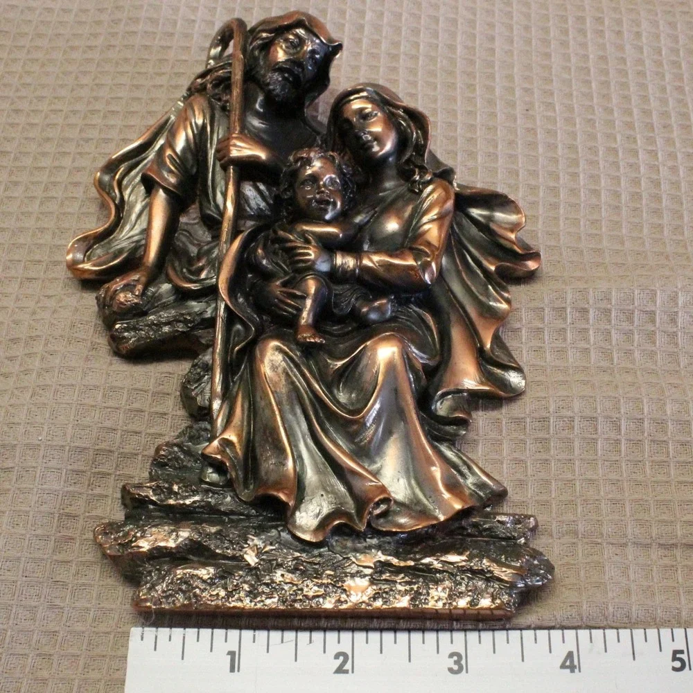 Holy Family Wall Plaque Bronze Finish Religious Nativity Art Sculpture 7.25